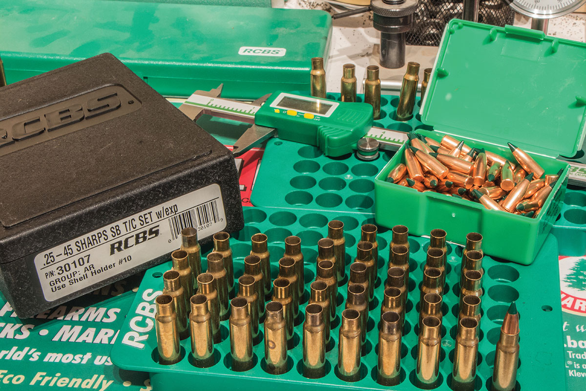 Brass is easy to make for the 25-45 Sharps. Just run 223 Remington brass through an expander and then a sizing die.